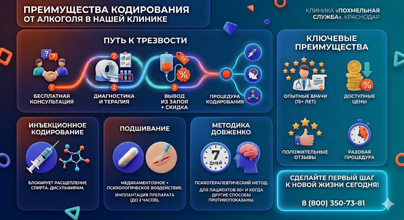Инфографика о методах кодирования от алкоголя в Северобайкальске: инъекции, подшивание, метод Довженко. Преимущества клиники и этапы лечения.
